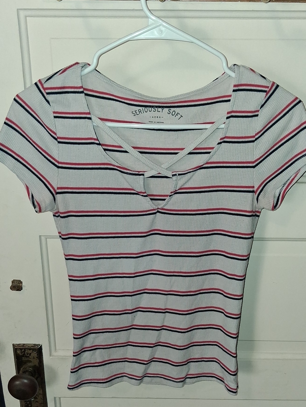 Striped Crisscross Tee - White with Red & Navy